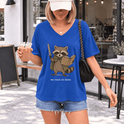 We Read At Dawn Funny Racoon Ultra-Soft V-Neck | Cozy Book Lover Gift True Royal