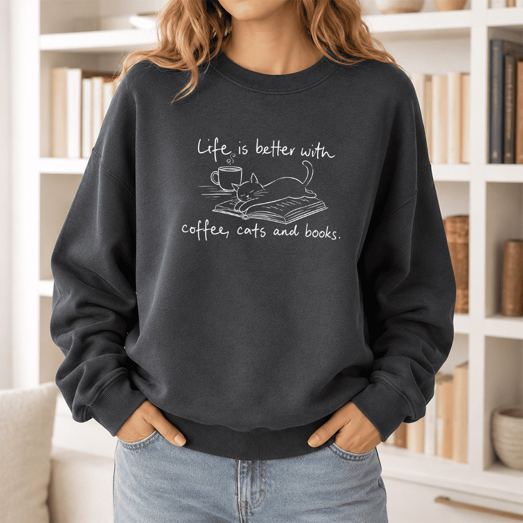 Funny Cats and Books Crewneck Sweatshirt | Reader Gift Dark Heather
