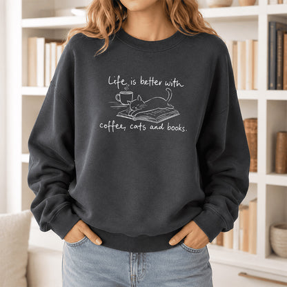Funny Cats and Books Crewneck Sweatshirt | Reader Gift Dark Heather
