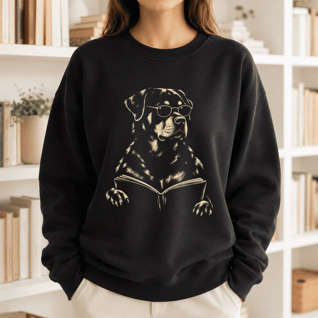 Rottweiler Reading Book Crewneck Sweatshirt | Reader Gift Black