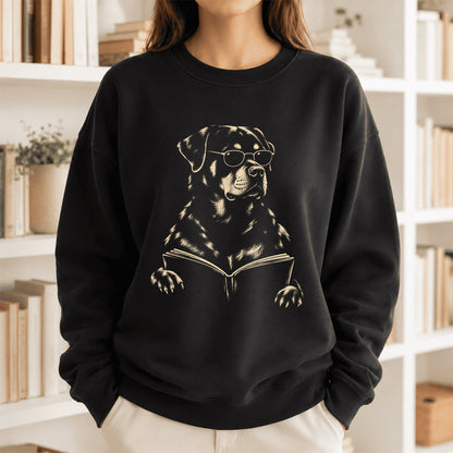 Rottweiler Reading Book Crewneck Sweatshirt | Reader Gift Black