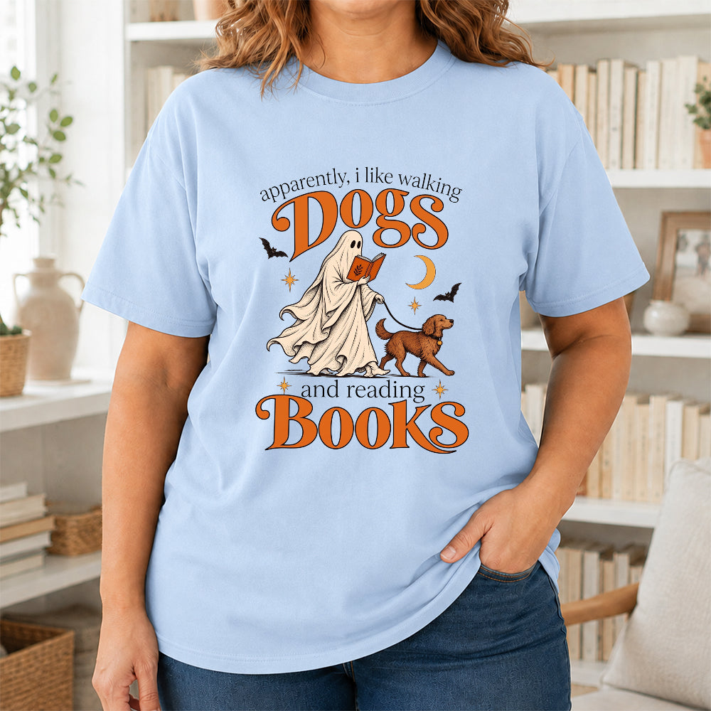 Apparently I Like Walking Dogs And Reading Books Printed T-Shirt | Halloween Dog Lover Reader Gift Light Blue