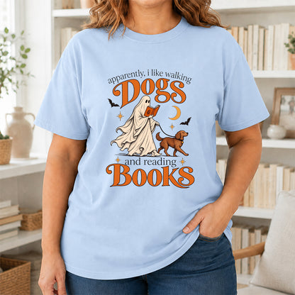 Apparently I Like Walking Dogs And Reading Books Printed T-Shirt | Halloween Dog Lover Reader Gift Light Blue