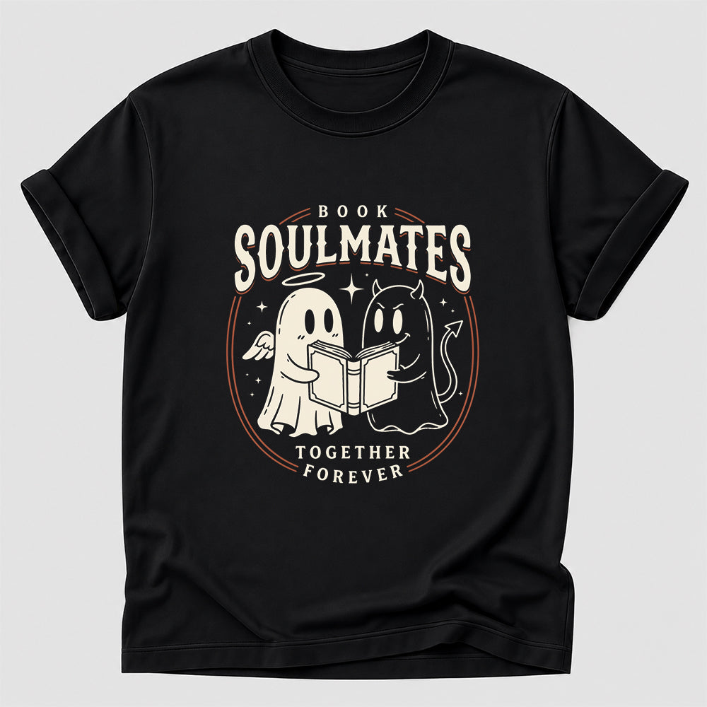 Book Soulmates Together Forever Printed T-Shirt | Halloween Book Lover Gift Black