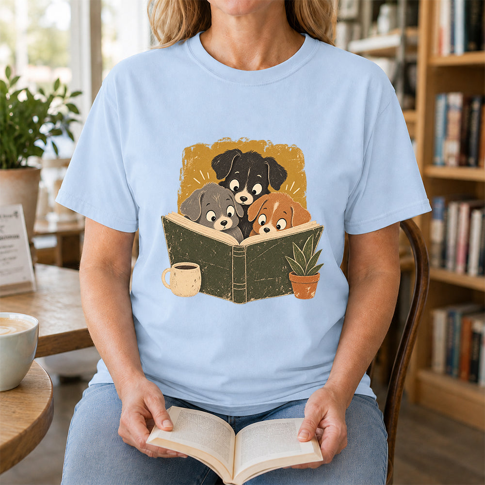 Minimal Japanese Dogs Reading Softstyle T-Shirt | Book Lover Gift Light Blue