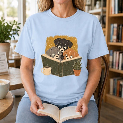 Minimal Japanese Dogs Reading Softstyle T-Shirt | Book Lover Gift Light Blue