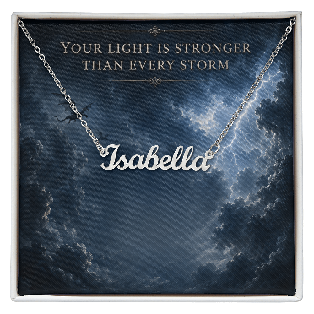 Your Light Is Stronger Decorative Card And Custom Name Polished Stainless Steel Necklace With Box Book Lover Gift Font 1