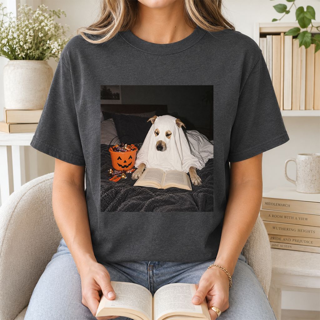 Cute Reading Ghost Dog Printed T-Shirt | Halloween Book Lover Gift Dark Heather