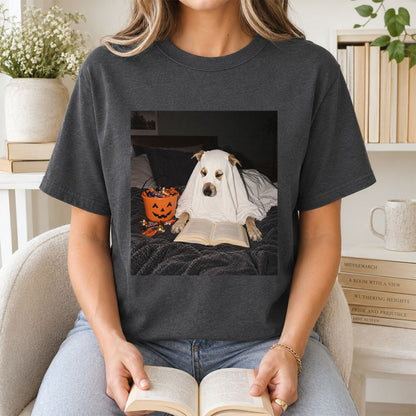 Cute Reading Ghost Dog Printed T-Shirt | Halloween Book Lover Gift Dark Heather