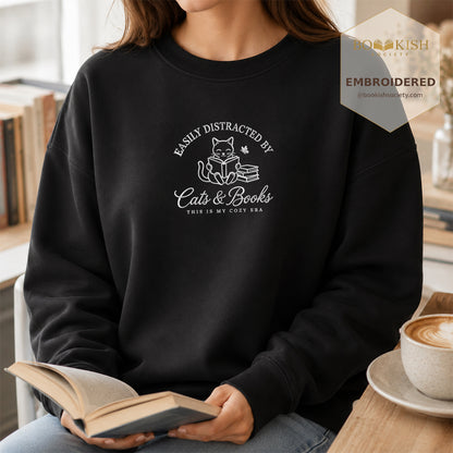 Easily Distracted By Cats And Books V2 Embroidered Sweatshirt | Reader Gift Black