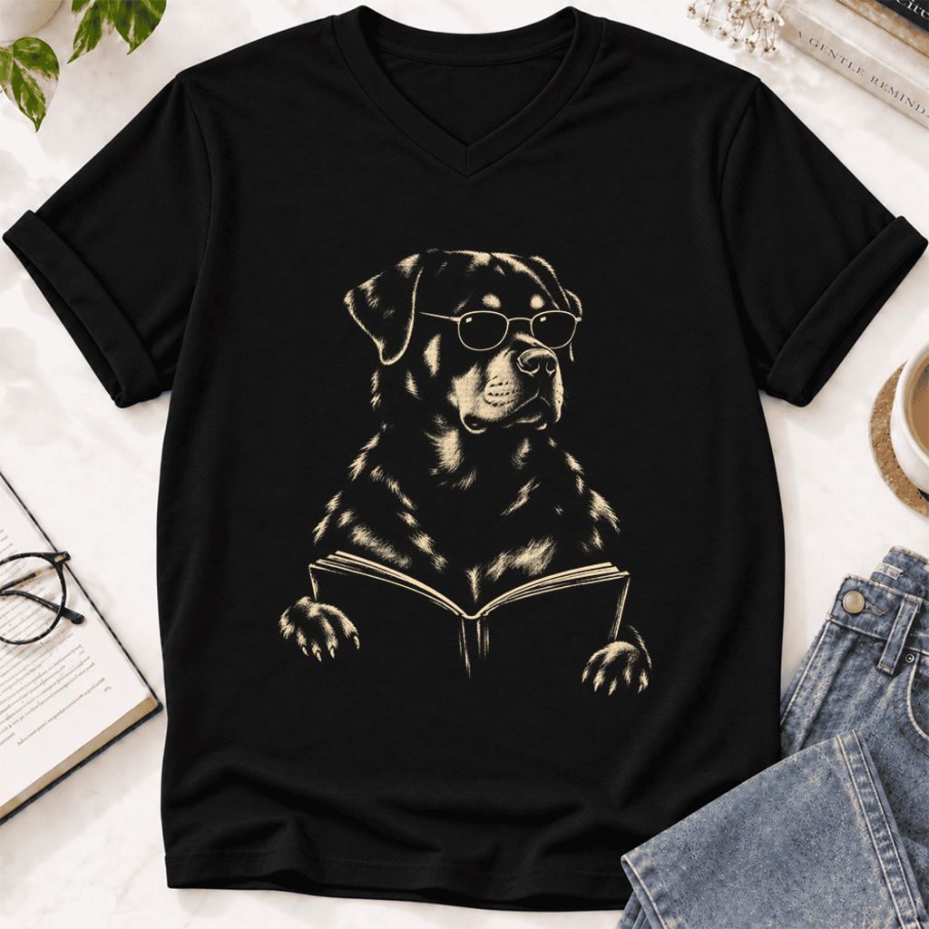 Rottweiler Reading Book Ultra-Soft V-Neck | Dog Mom Reader Gift Black