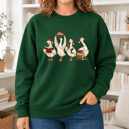 Christmas Reading Ducks Softstyle Sweatshirt | Christmas Book Lover Gift Forest Green