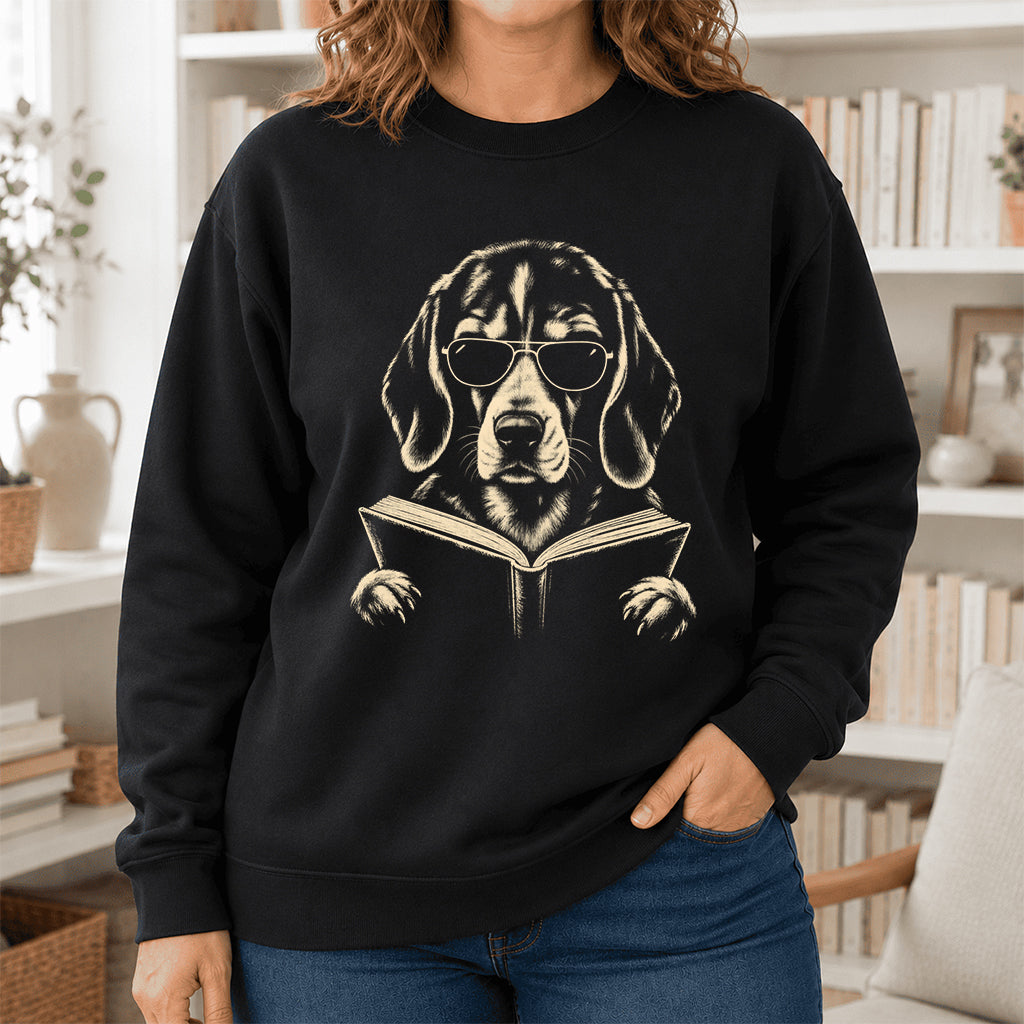 Beagle Reading Book Crewneck Sweatshirt | Reader Gift Black