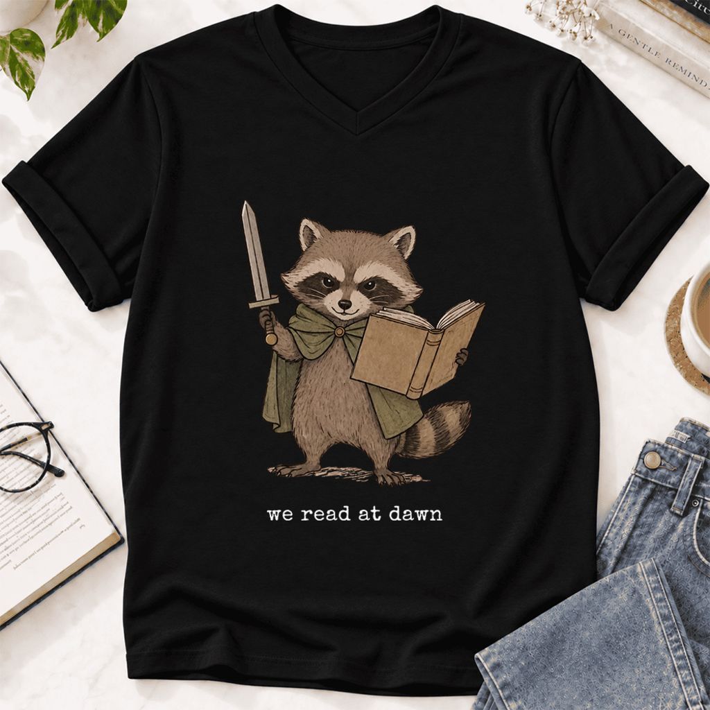 We Read At Dawn Funny Racoon Ultra-Soft V-Neck | Cozy Book Lover Gift Black