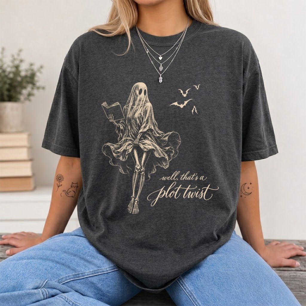 Funny Dress-Wearing Bookworm Ghost Printed T-Shirt | Halloween Book Lover Gift Dark Heather