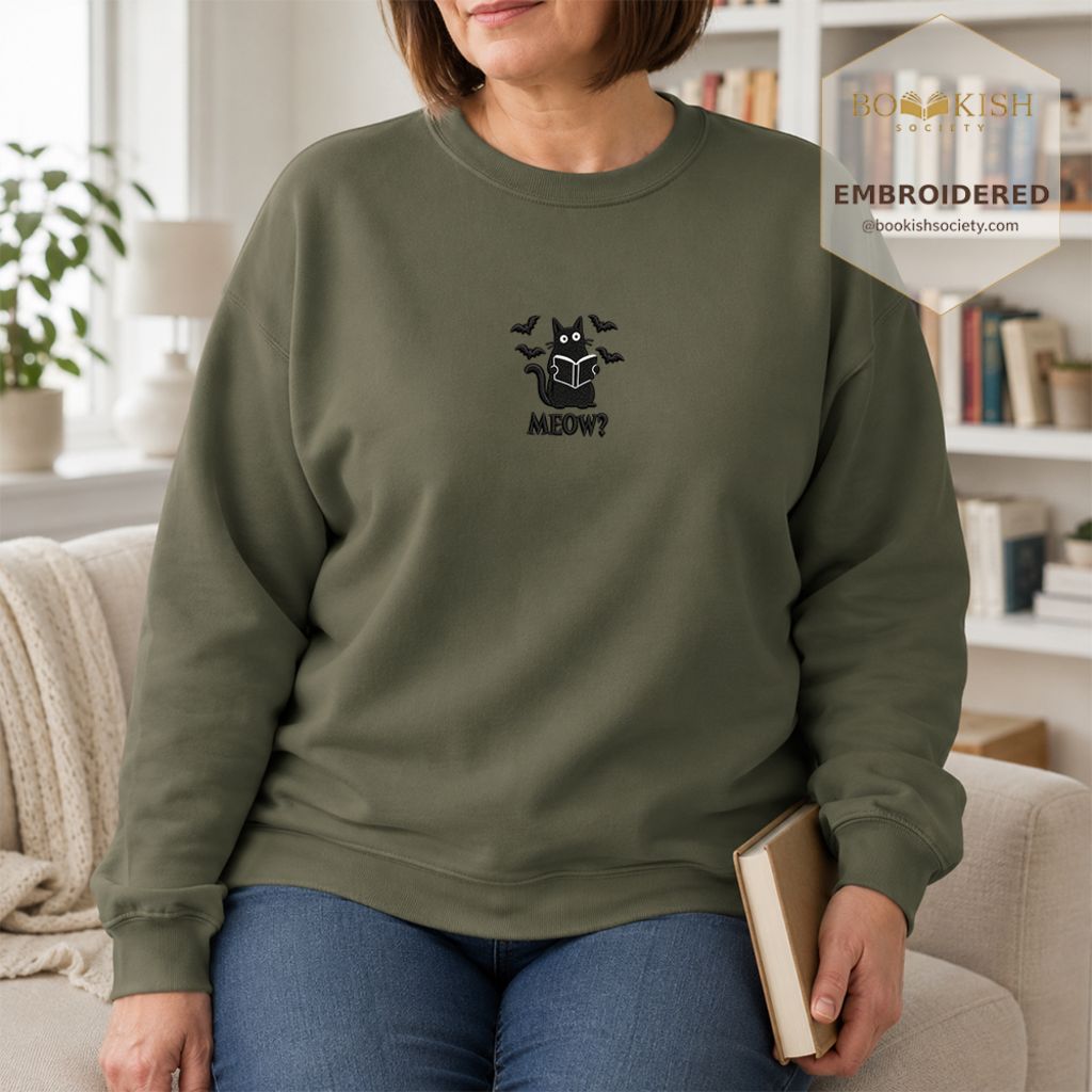 Halloween Meow Embroidered Sweatshirt | Spooky Book Lover Gift Military Green