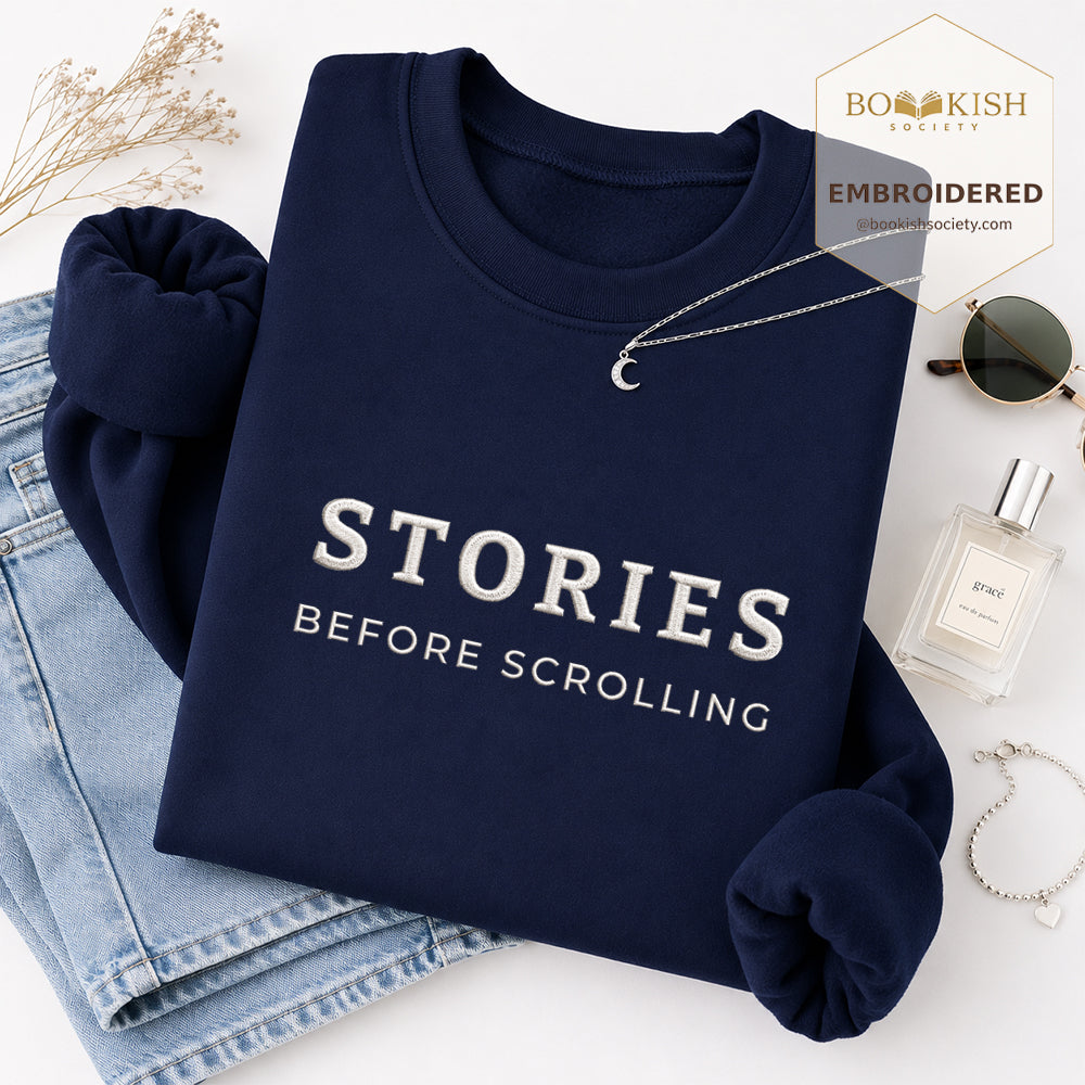 Stories Before Scrolling Embroidered Sweatshirt | Reader Gift Navy