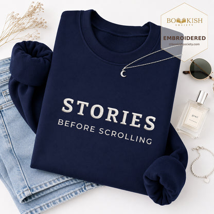 Stories Before Scrolling Embroidered Sweatshirt | Reader Gift Navy
