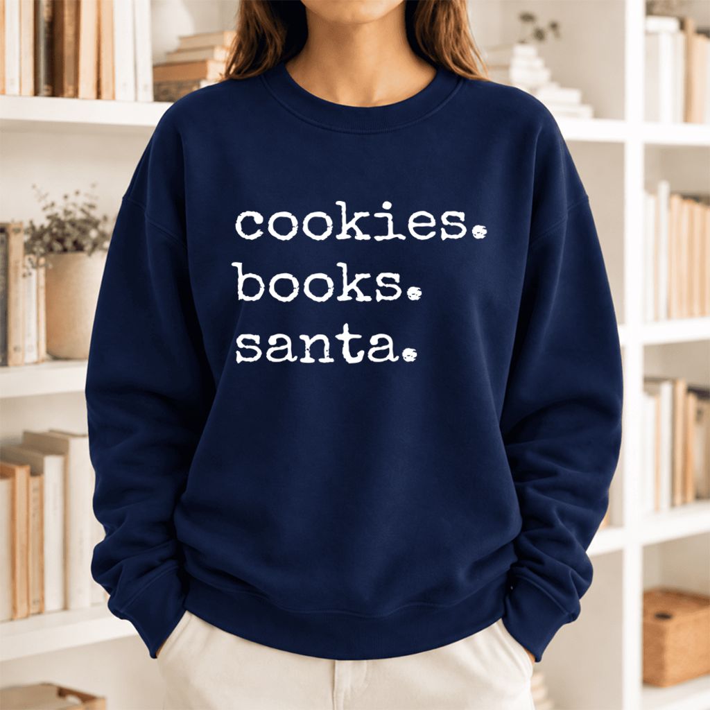 Cookies Books Santa Softstyle Sweatshirt | Christmas Book Lover Gift Navy