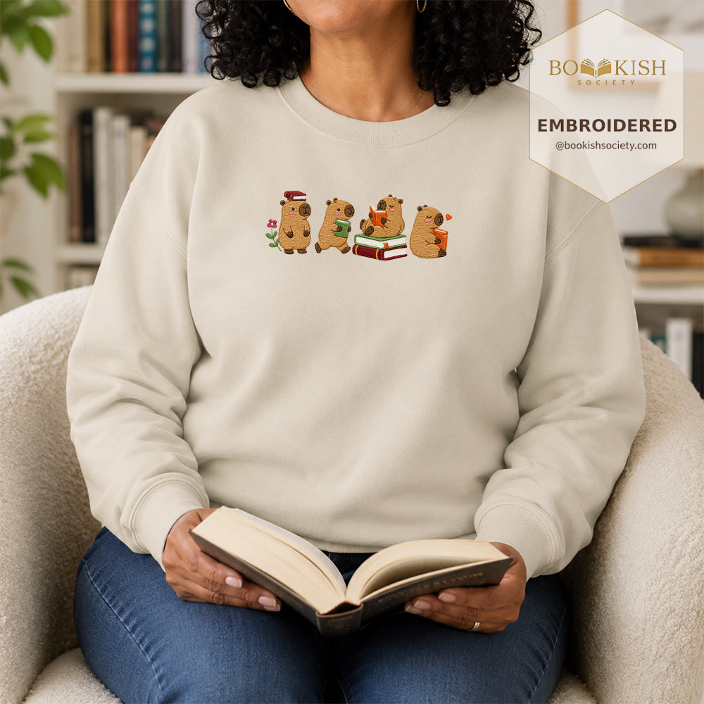 Reading Capybaras Embroidered Sweatshirt | Reader Gift Sand