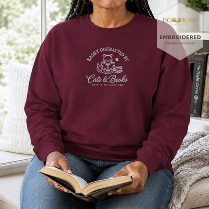 Easily Distracted By Cats And Books V2 Embroidered Sweatshirt | Reader Gift Maroon
