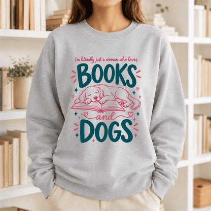 Just A Woman Who Loves Books and Dogs Crewneck Sweatshirt |  Dog Lover & Reader Gift Sport Grey