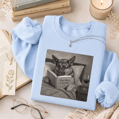 What Makes A Good Boy Crewneck Sweatshirt | Dog Lover Reader Gift Light Blue