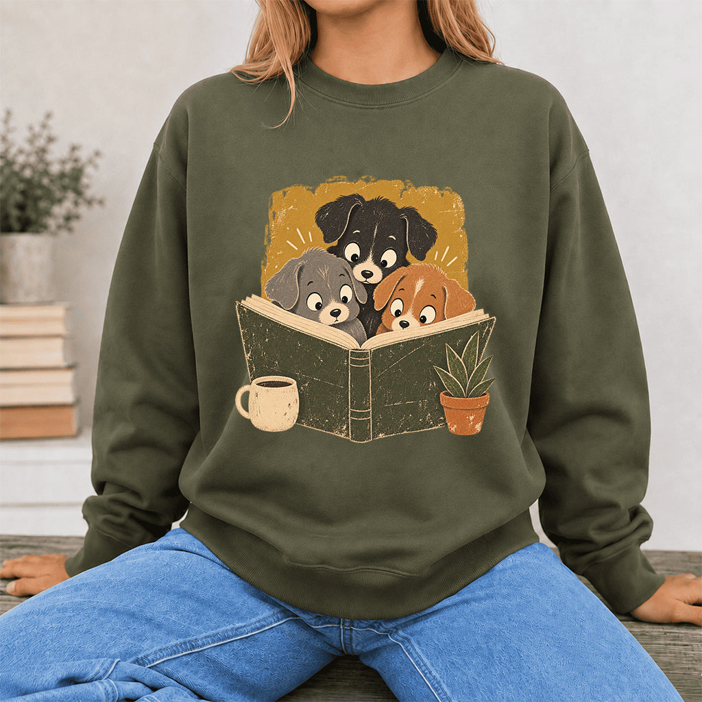 Minimal Japanese Dogs Reading Crewneck Sweatshirt | Reader Gift Military Green