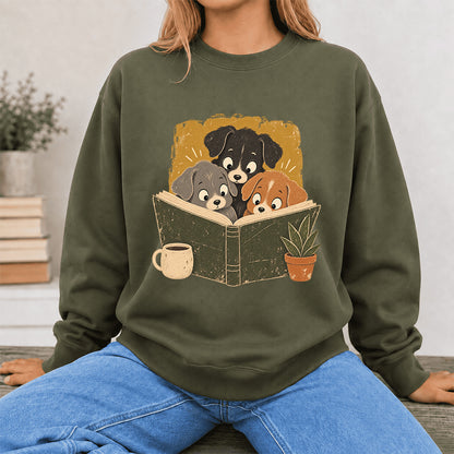 Minimal Japanese Dogs Reading Crewneck Sweatshirt | Reader Gift Military Green