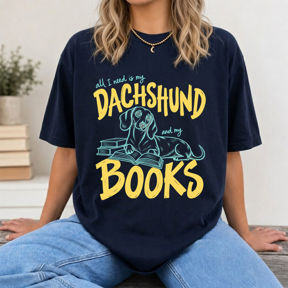All I Need Is My Dachshund And My Books Softstyle T-Shirt | Book Lover Gift Navy