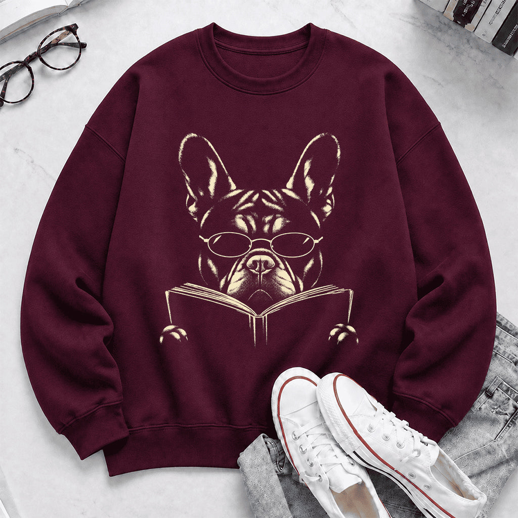French Bulldog Reading Book Crewneck Sweatshirt | Reader Gift Maroon