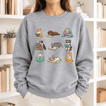 Funny Reading Dogs Embroidered Sweatshirt | Dog Mom Reader Gift Sport Grey