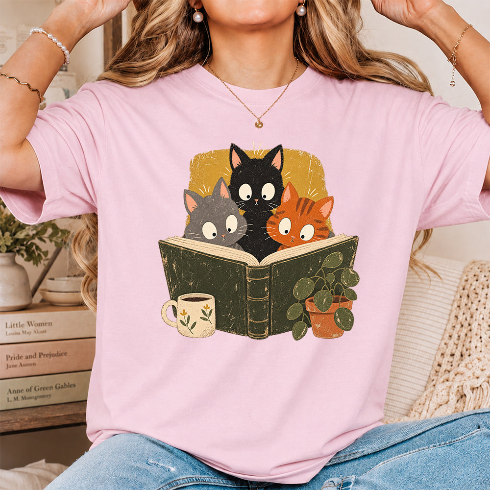 Minimal Japanese Cats Reading Softstyle T-Shirt | Book Lover Gift Light Pink