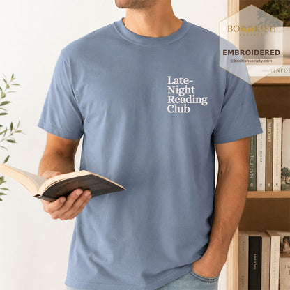 Late Night Reading Club Embroidered Comfort Color® T-shirt | Book Lover Gift Blue Jean