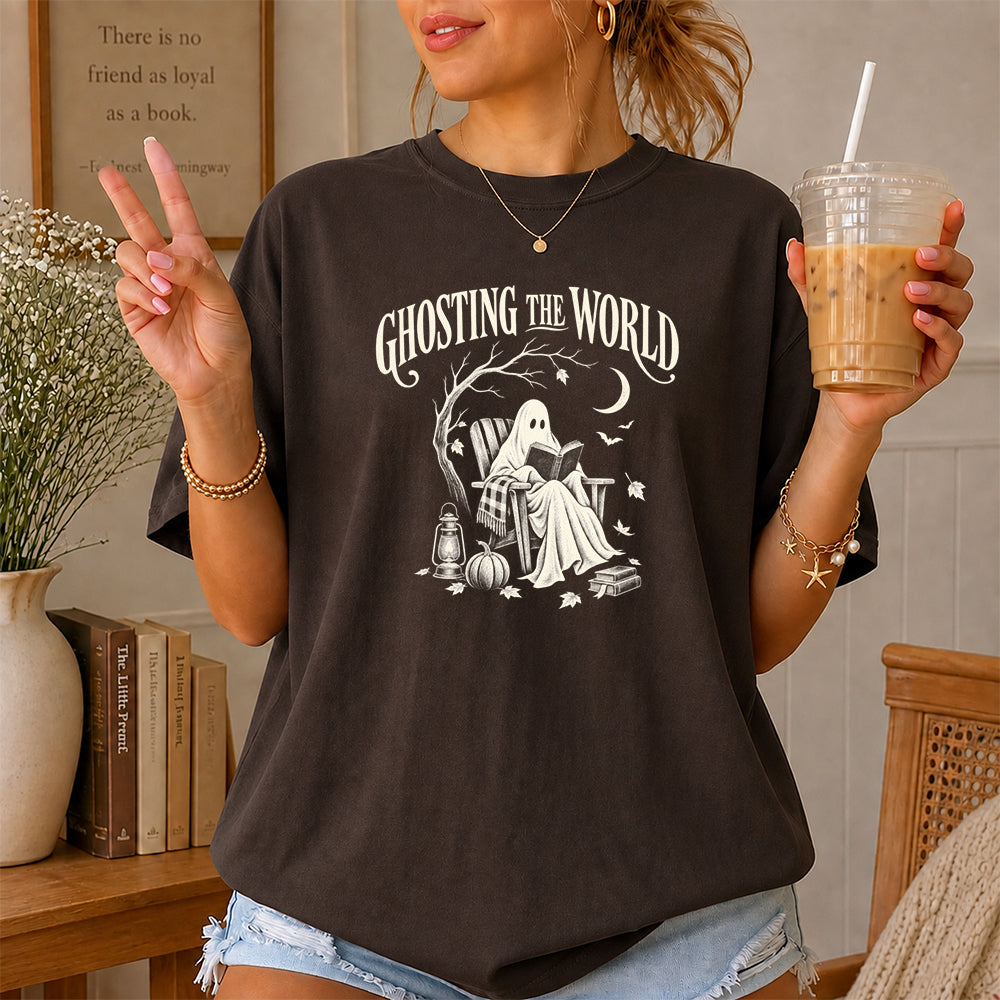 Ghosting The World Cotton T-Shirt | Halloween Book Lover Gift Dark Chocolate