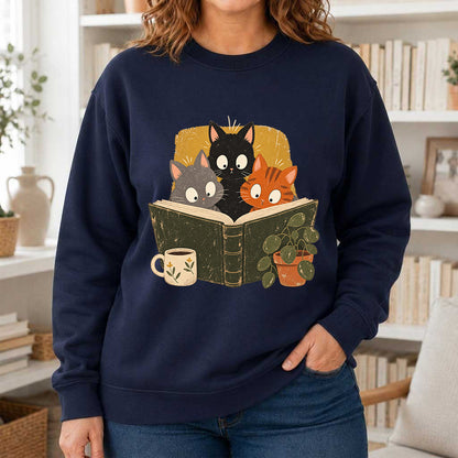 Minimal Japanese Cats Reading Crewneck Sweatshirt | Reader Gift Navy