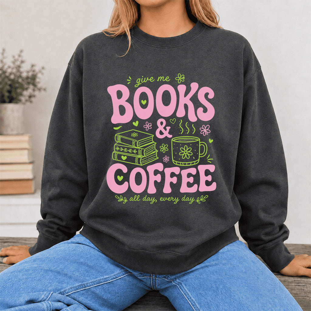 Books and Coffee Crewneck Sweatshirt | Reader Gift Dark Heather