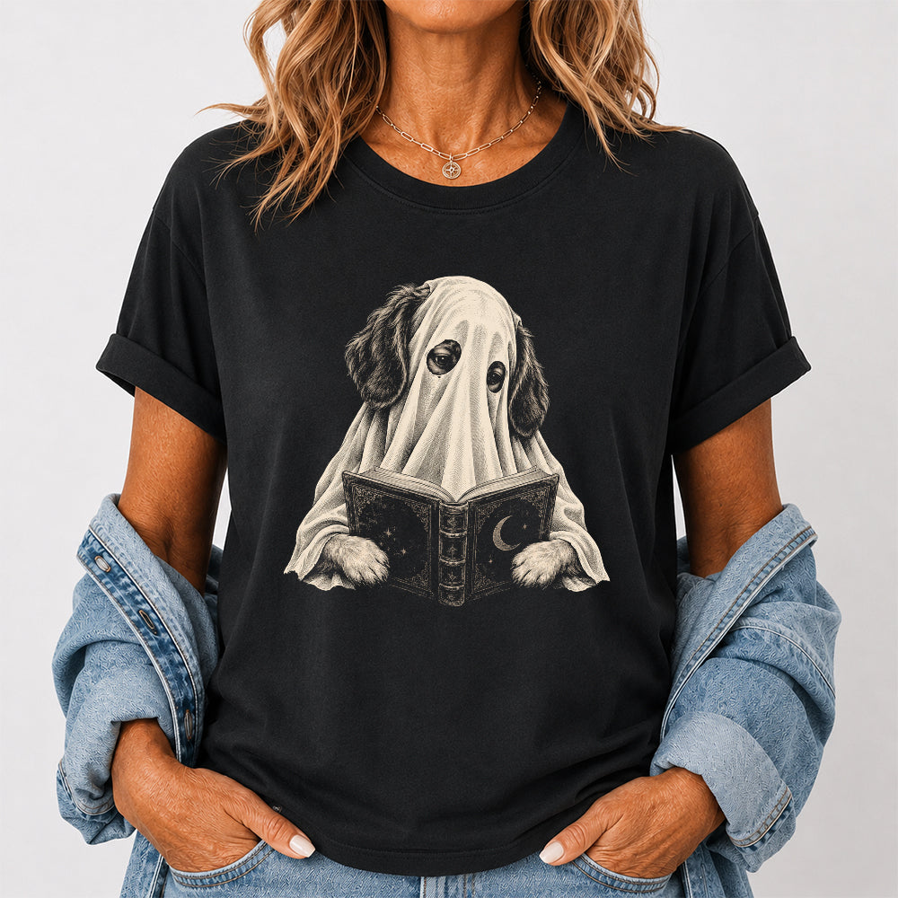 Reading Ghost Dog Printed T-Shirt | Halloween Dog Lover Gift Black