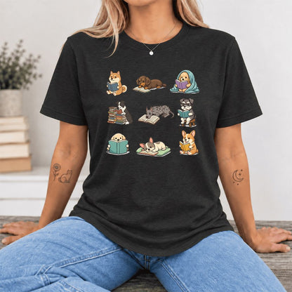 Funny Reading Dogs Ultra-Soft Cotton T-Shirt | Dog Mom Reader Gift Black Heather