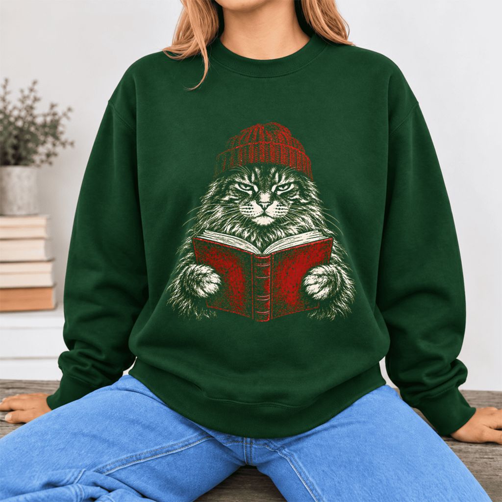 Vintage Reading Cat Maine Coon Softstyle Sweatshirt | Christmas Book Lover Gift Forest Green