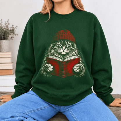 Vintage Reading Cat Maine Coon Softstyle Sweatshirt | Christmas Book Lover Gift Forest Green