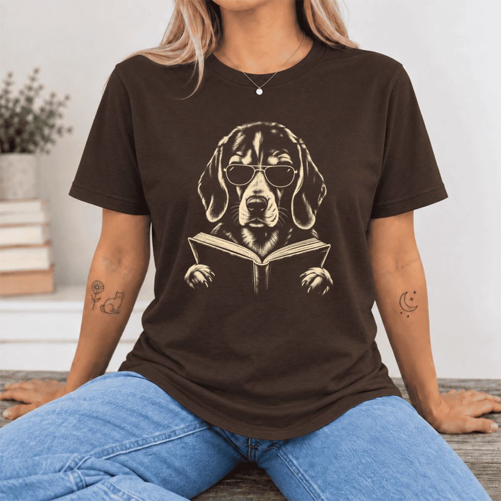 Beagle Reading Book Ultra-Soft Cotton T-Shirt | Beagle Lover Gift Brown