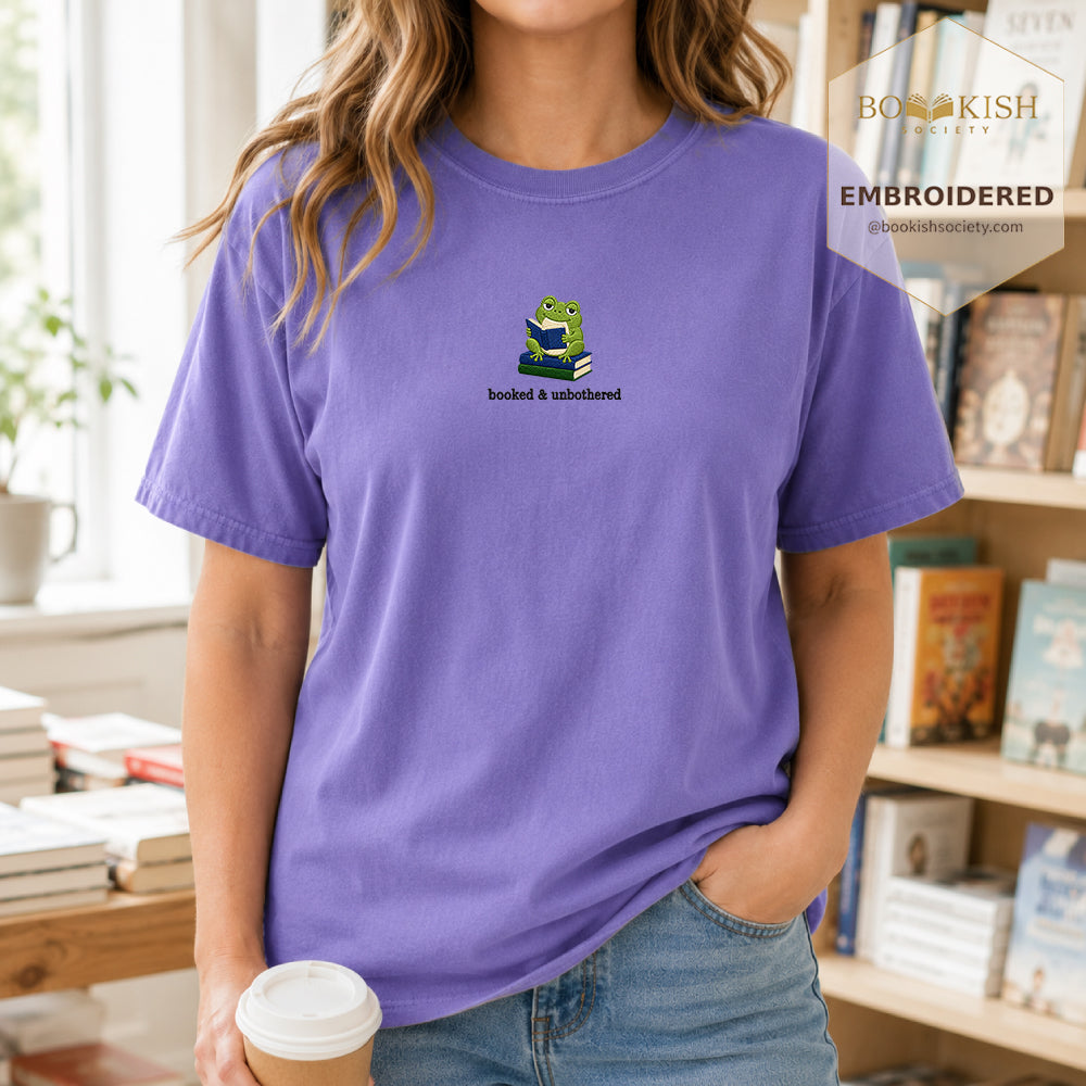 Booked and Unbothered Embroidered Comfort Color® T-shirt | Book Lover Gift Violet