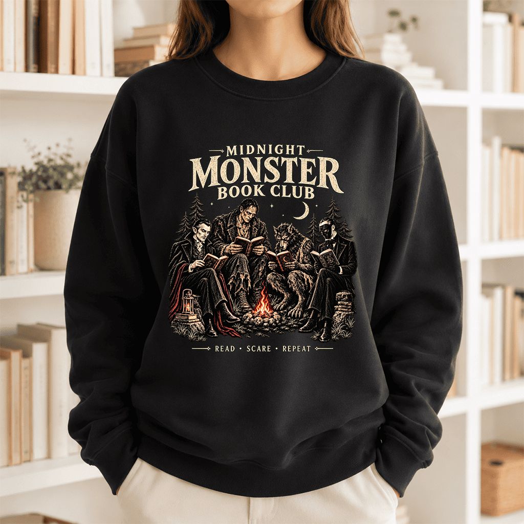 Midnight Monster Book Club Printed Sweatshirt | Halloween Book Lover Gift Black