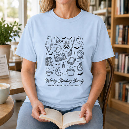 Witchy Reading Society Printed T-Shirt | Halloween Reader Gift Light Blue