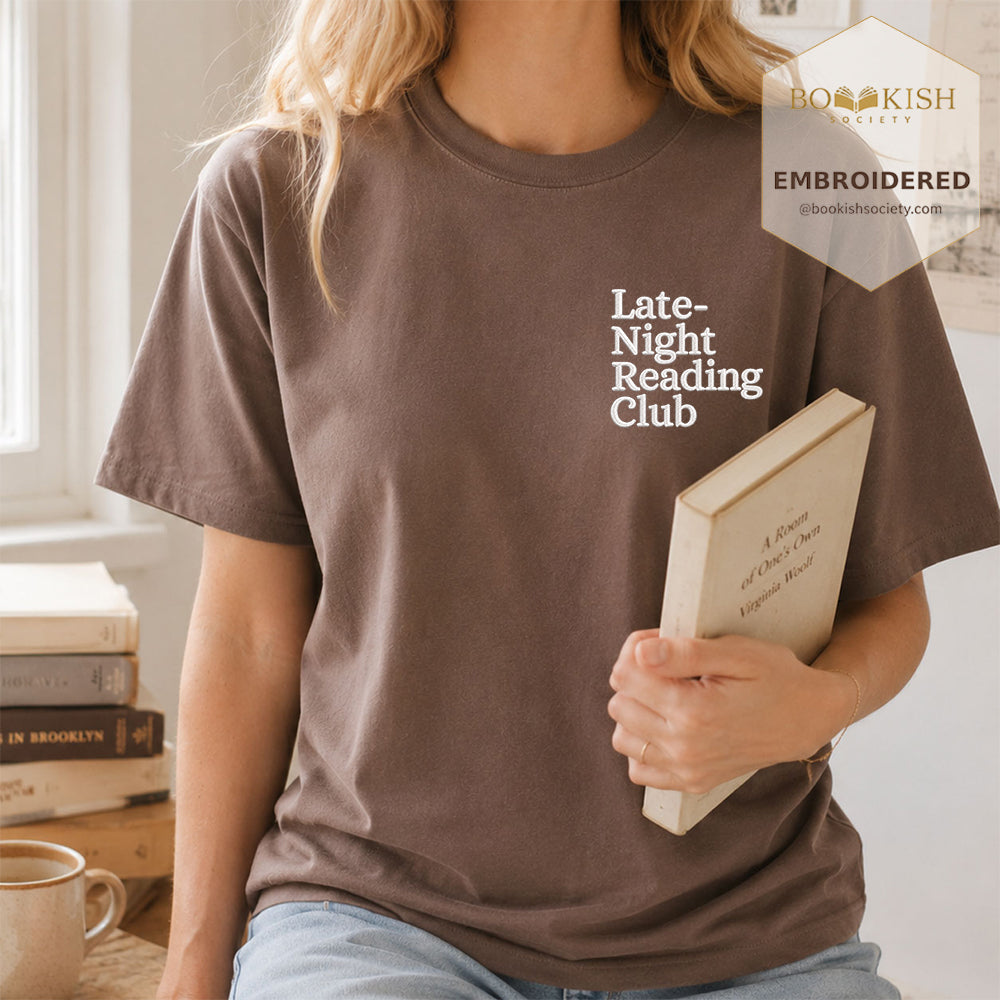 Late Night Reading Club Embroidered Comfort Color® T-shirt | Book Lover Gift Espresso