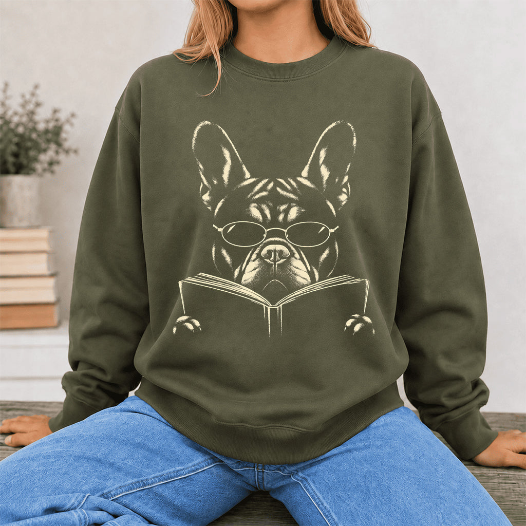 French Bulldog Reading Book Crewneck Sweatshirt | Reader Gift Military Green