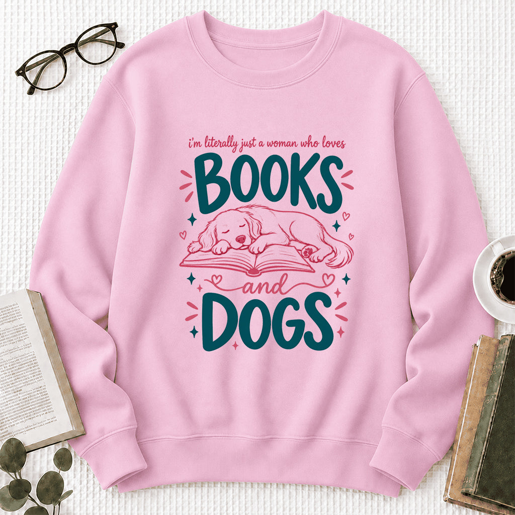 Just A Woman Who Loves Books and Dogs Crewneck Sweatshirt |  Dog Lover & Reader Gift Light Pink