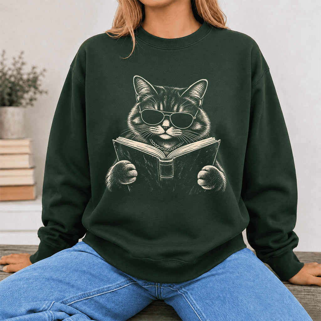 Cat Reading Book Crewneck Sweatshirt | Reader Gift Forest Green