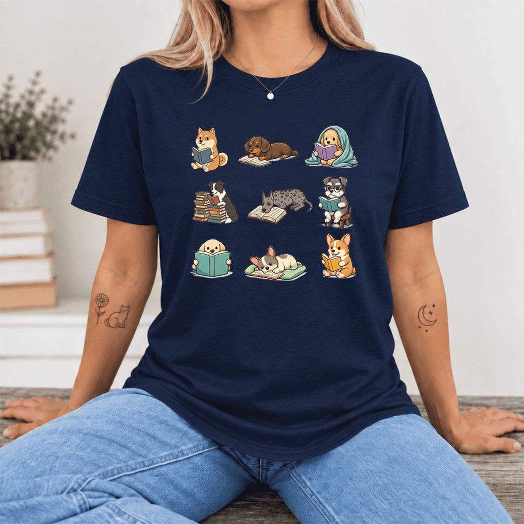 Funny Reading Dogs Ultra-Soft Cotton T-Shirt | Dog Mom Reader Gift Navy